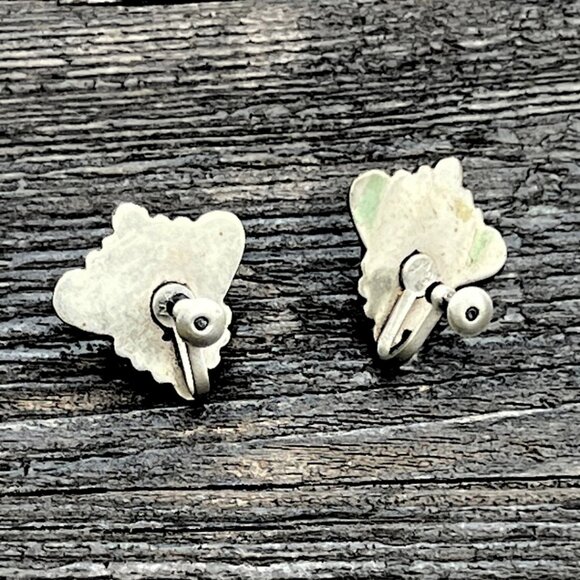 Vintage 1940's Mexican Alpaca Silver Green Tribal Mask Earrings Screw Back Aztec - Picture 8 of 8